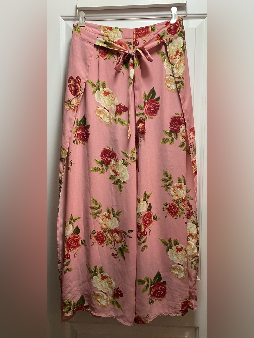 Xhilaration Pink Floral Pull On Wrap Leg Boho Palazzo Pants Tie Waist Accent S